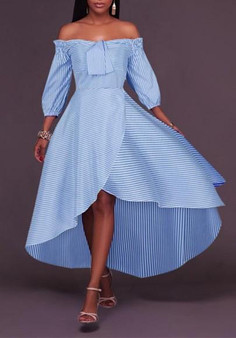 Light Blue Striped Bandeau Irregular Draped Off Shoulder High-low Casual Maxi Dress