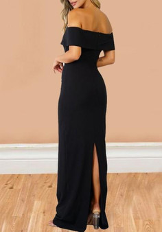 Black Off Shoulder Boat Neck Short Sleeve Elegant Cocktail Party Maxi Dress