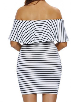 White-Black Striped Print Bandeau Ruffle Off Shoulder Short Sleeve Party Mini Dress