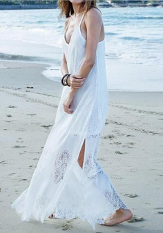White Patchwork Spaghetti Straps Lace Draped V-neck Sleeveless Beach Maxi Dress