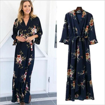 Black Flowers Sashes Irregular V-neck Fashion Maxi Dress