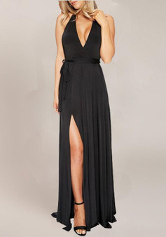 Black Plain Draped V-neck Sleeveless Elegant Maxi Dress