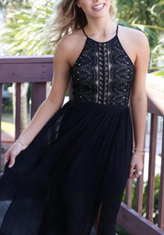Black Grenadine Lace Side Slit Spaghetti Strap Flowy Vegas Bohemian Maxi Dress