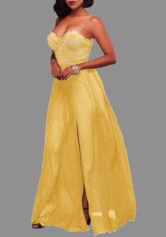 Yellow Patchwork Spaghetti Strap Backless Lace Draped Sleeveless Maxi Dress