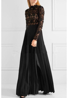 Black Patchwork Pleated Lace Zipper Elegant Maxi Dress