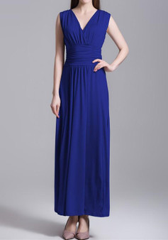 Blue Backless Draped V-neck Sleeveless Elegant Maxi Dress