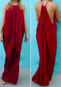 Red Plain Draped Round Neck Sleeveless Casual Maxi Dress