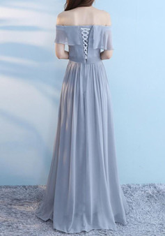 Grey Pleated Lace-up Off Shoulder Boat Neck Short Sleeve Bridesmaid Maxi Dress