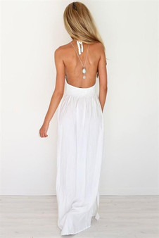 White Crochet Condole Belt Hollow-out Blackless V-neck Floor Length Lace Maxi Dress