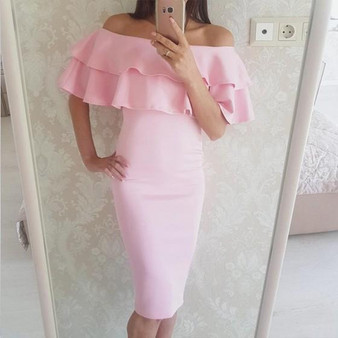 Pink Peplum Ruffle Boat Neck Short Sleeve Sweet Midi Dress