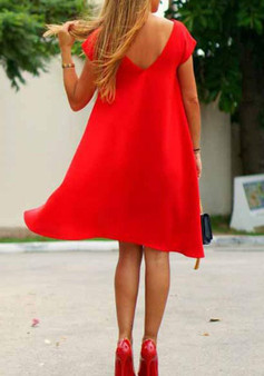 Red Irregular Round Neck Short Sleeve Fashion Midi Dress