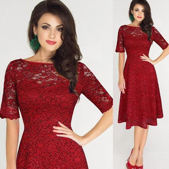 Red Patchwork Lace Zipper Round Neck Sweet Midi Dress