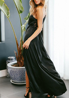 Black Lace Slit Spaghetti Strap Backless Flowy Deep V-neck Elegant Party Maxi Dress