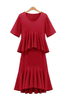 Red Ruffle Round Neck Short Sleeve Fashion Maxi Dress