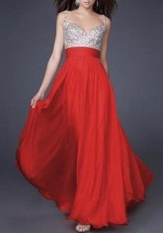 Red Patchwork Draped Spaghetti Strap Sequin V-neck Sleeveless Elegant Maxi Dress