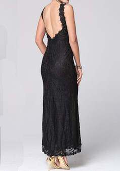 Black Patchwork Lace Plunging Neckline Fashion Maxi Dress