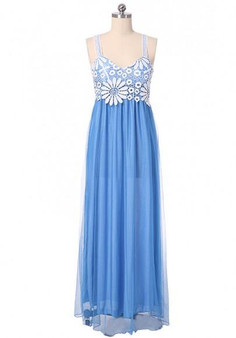 Blue Patchwork Lace Bridesmaid Prom Evening Party Plunging Neckline Chiffon Maxi Dress