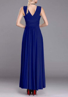 Casual Blue Plain Draped Ruffle V-neck Sleeveless Maxi Dress