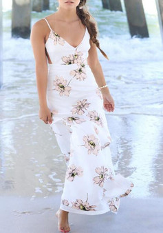 White Flowers Print Deep V-neck Backless Spaghetti Strap Bohemian Beach Maxi Dress