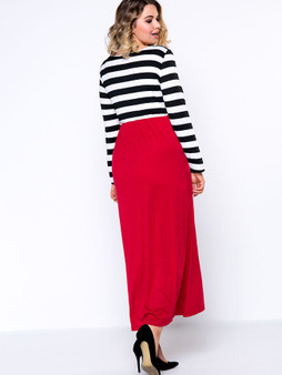 Casual Round Neck Color Block Striped Plus Size Maxi Dress