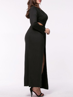 Casual Courtly Deep V-Neck Cutout Slit Plain Plus Size Maxi Dress