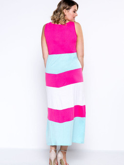 Casual Round Neck Color Block Striped Brilliant Plus Size Maxi Dress
