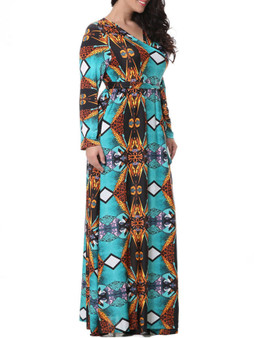 Casual Fabulous Slit V-Neck Tribal Printed Plus Size Maxi Dress