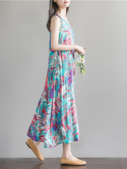 Casual Loose Round Neck Pocket Abstract Print Maxi Dress