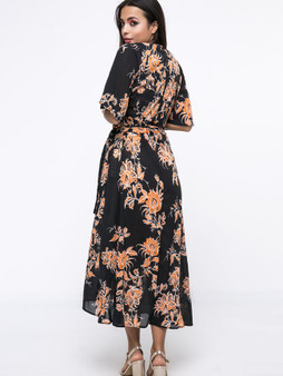 Casual Deep V-Neck Vintage Printed Swing Maxi Dress