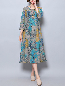 Casual Round Neck Pocket Printed Loose Maxi Dress