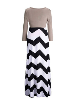 Casual Color Block Zigzag Striped Round Neck Swing Maxi Dress