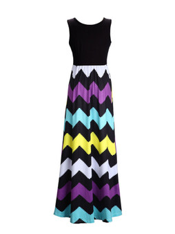 Casual Color Block Zigzag Striped Empire Swing Maxi Dress