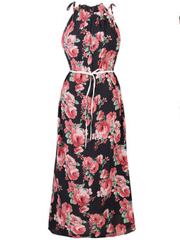 Casual Ruffle Trim Band Collar Floral Printed Chiffon Sleeveless Maxi Dress