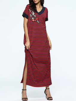 Casual Striped V-Neck Side Slit Floral-Patch Pocket Maxi Dress