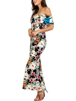 Casual Off Shoulder Flounce Maxi Dress In Floral Printed