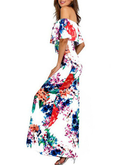 Casual Off Shoulder Flounce Floral Printed Chic Maxi Dress