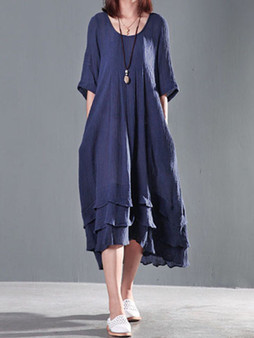 Casual Oversized Round Neck Tiered High-Low Plain Maxi Dress