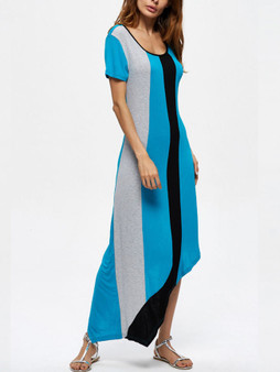 Casual Color Block Asymmetric Hem Scoop Neck Maxi Dress