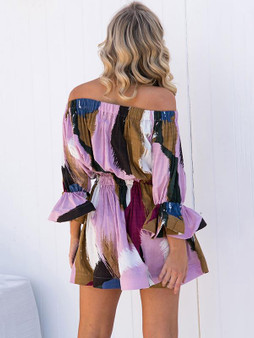 Off-the-shoulder Printed Flared Sleeves Mini Dress