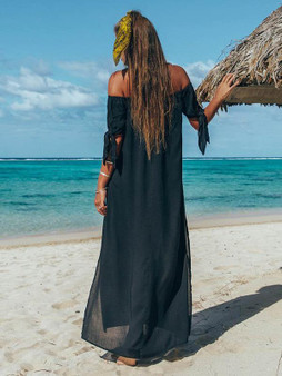 Off Shoulder Split-side Solid Beach Maxi Dresses