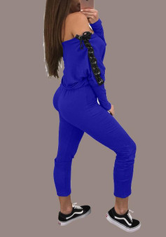 Sapphire Blue Cross Drawstring Off Shoulder Lace-up Backless Party Long Jumpsuit