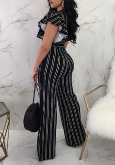 Black Striped Ruffle Sashes High Waisted Office Worker/Daily Elegant Long Jumpsuit