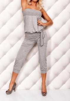 Grey Pleated Off Shoulder Backless Lace Up Long Jumpsuit