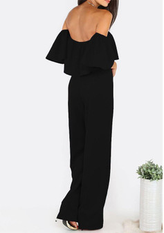 Black Bandeau Zippe Ruffle Backless Off Shoulder Wide Leg Long Jumpsuit