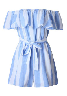 Light Blue Striped Ruffle Sashes Off Shoulder Casual Short Jumpsuit