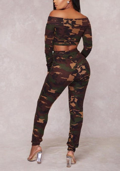 Army Green Camouflage Off Shoulder Backless High Waisted Two Piece Long Jumpsuit