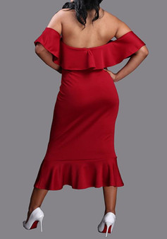 Red Bandeau Ruffle Boat Neck Off Shoulder Mermaid Backless Midi Dress