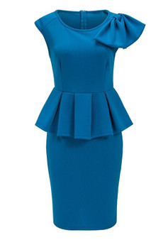 Blue Bowknot Peplum High Waisted Office Worker/Daily Elegant Party Midi Dress