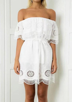 Casual White Patchwork Lace Hollow-out Falbala Sashes Wavy Edge Off Shoulder Mini Dress