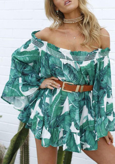 Green Print Leaves Ruffle Backless Off Shoulder Flare Sleeve Mini Dress